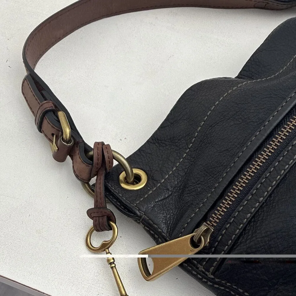 Fossil Black Pebbled Shoulder Bag Brown Strap Zip Lined Pockets Gold Key